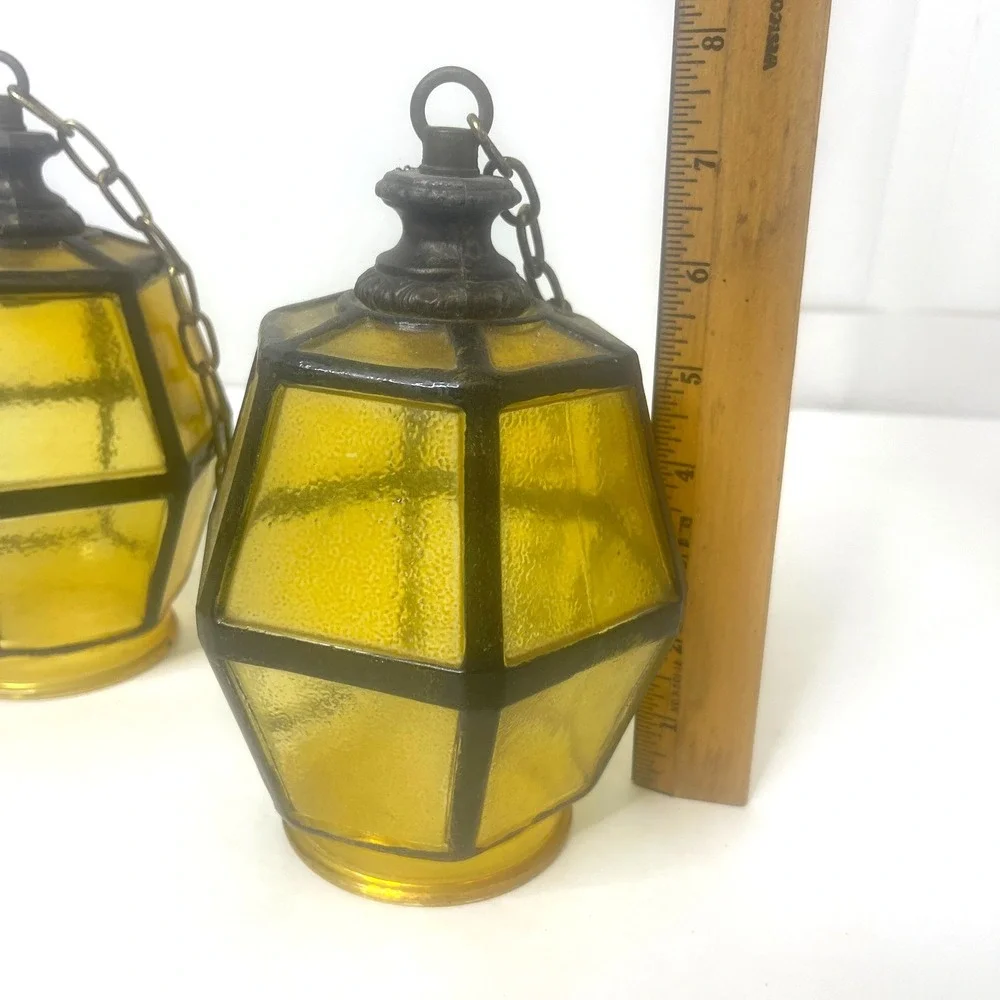 Set of 3 Amber Glass Lantern Style Lamp Shades MCM Gothic‎ Medieval 3